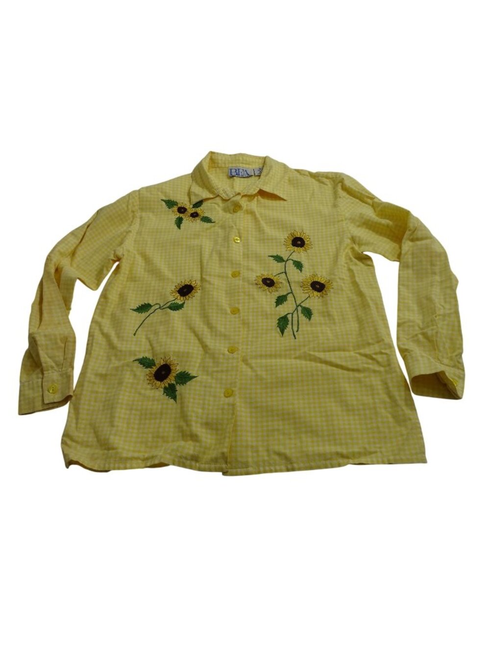 Vtg BFA Classics Yellow Gingham Sunflower Embroidery Button Up Shirt Size M FLAW
